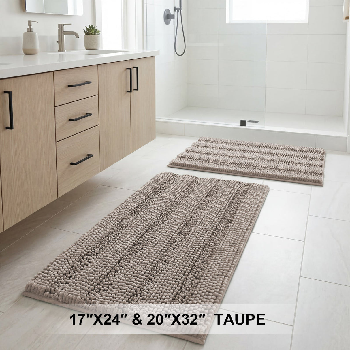 H.Versailtex 2 Pieces  Extra Thick Chenille Striped Pattern Shaggy Bath Rugs Include 1 Rectangle and 1 Toilet Rug