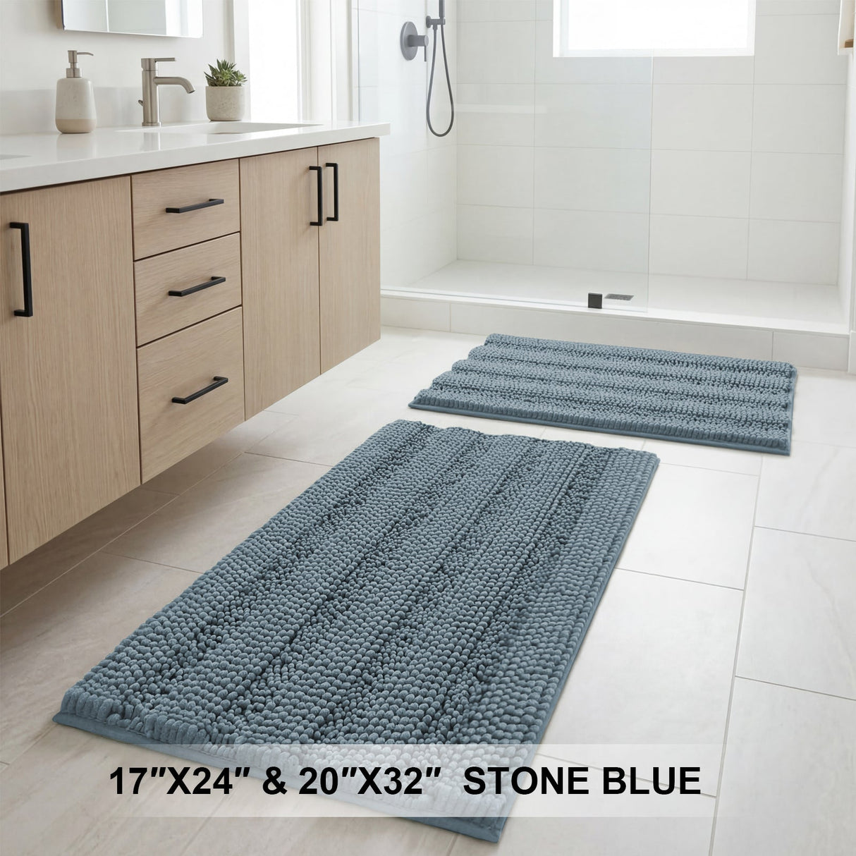 H.Versailtex 2 Pieces  Extra Thick Chenille Striped Pattern Shaggy Bath Rugs Include 1 Rectangle and 1 Toilet Rug