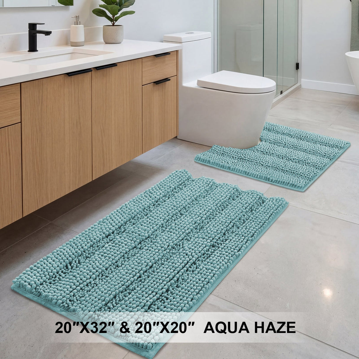 H.Versailtex 2 Pieces Extra Thick Chenille Striped Pattern Shaggy Bath Rugs Include 1 Rectangle and 1 Toilet Rug