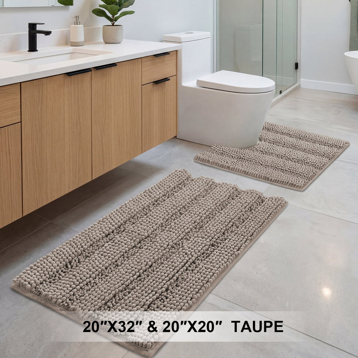 H.Versailtex 2 Pieces Extra Thick Chenille Striped Pattern Shaggy Bath Rugs Include 1 Rectangle and 1 Toilet Rug