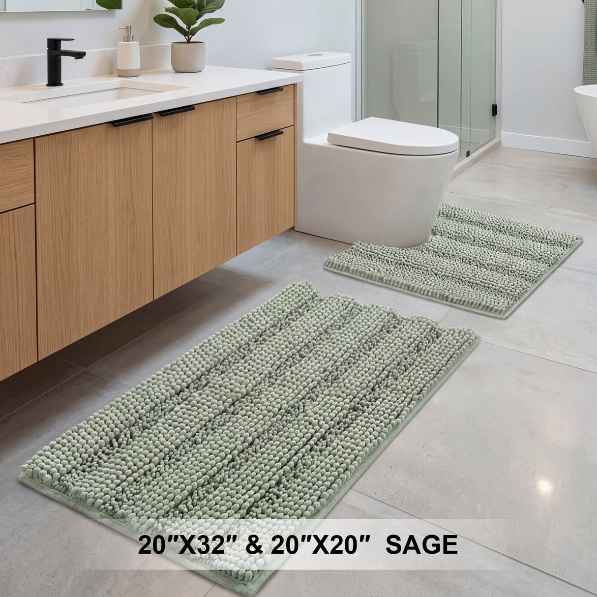 H.Versailtex 2 Pieces Extra Thick Chenille Striped Pattern Shaggy Bath Rugs Include 1 Rectangle and 1 Toilet Rug