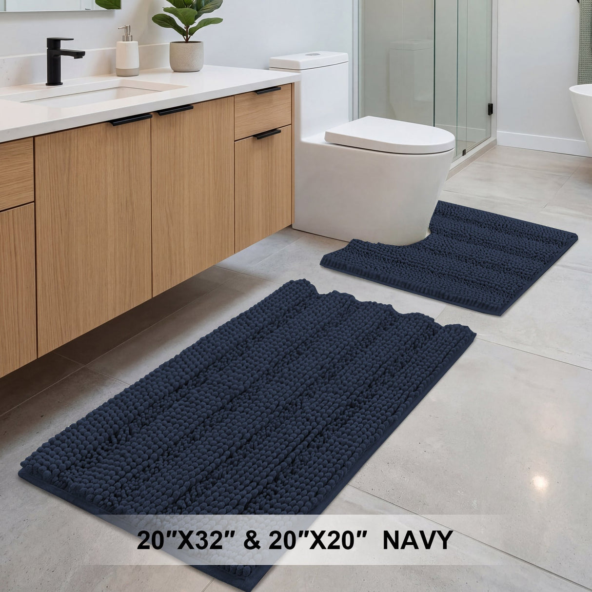 H.Versailtex 2 Pieces Extra Thick Chenille Striped Pattern Shaggy Bath Rugs Include 1 Rectangle and 1 Toilet Rug