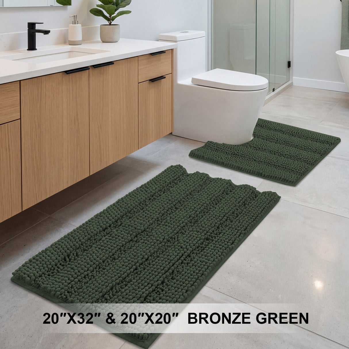 H.Versailtex 2 Pieces Extra Thick Chenille Striped Pattern Shaggy Bath Rugs Include 1 Rectangle and 1 Toilet Rug