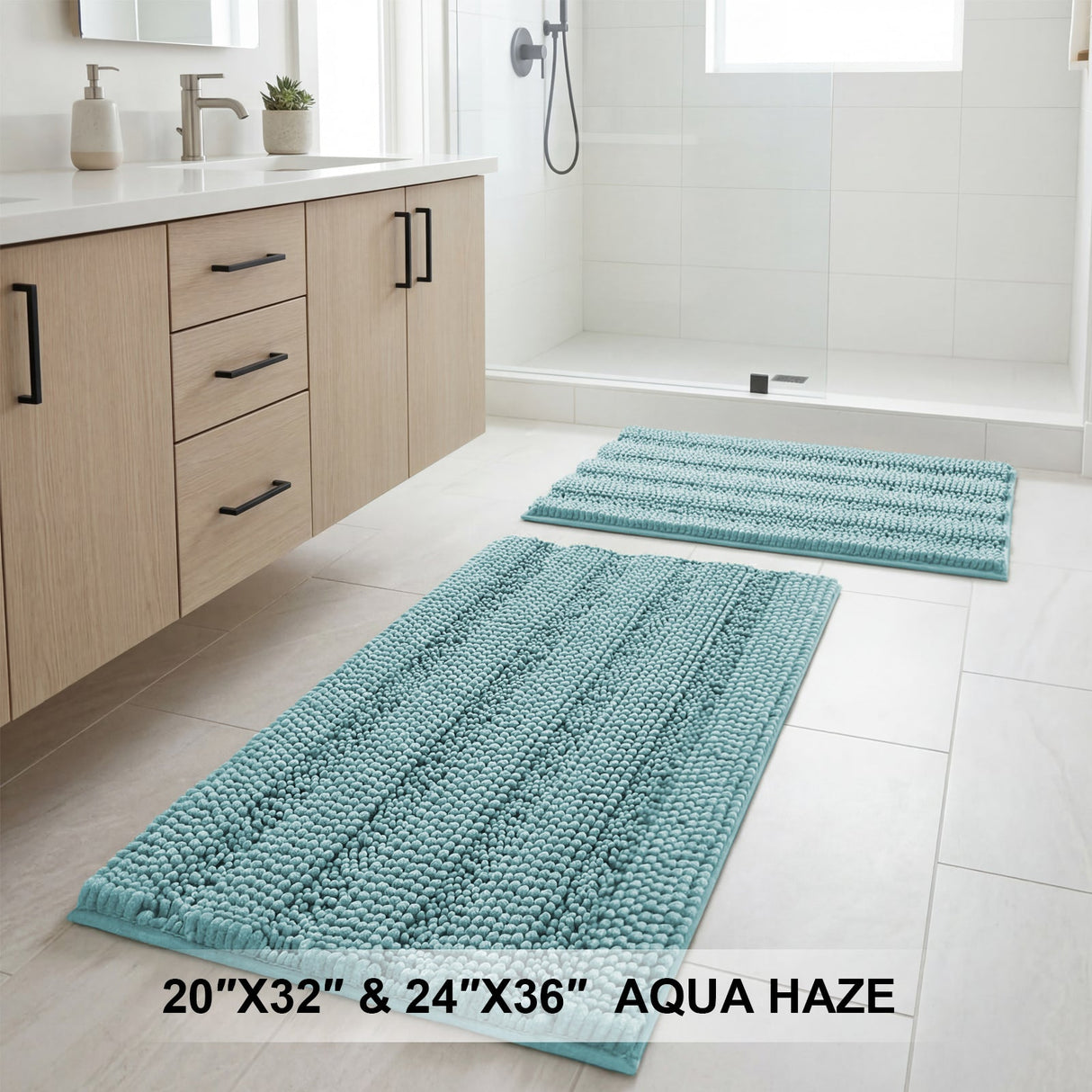H.Versailtex 2 Pieces  Extra Thick Chenille Striped Pattern Shaggy Bath Rugs Include 1 Rectangle and 1 Toilet Rug
