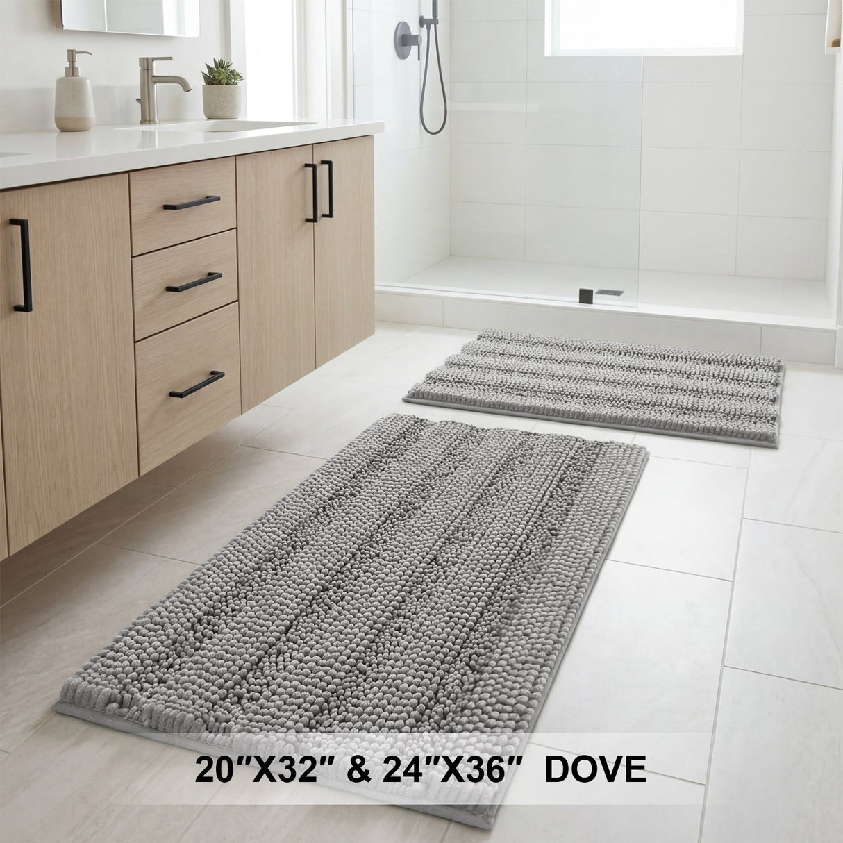 H.Versailtex 2 Pieces  Extra Thick Chenille Striped Pattern Shaggy Bath Rugs Include 1 Rectangle and 1 Toilet Rug