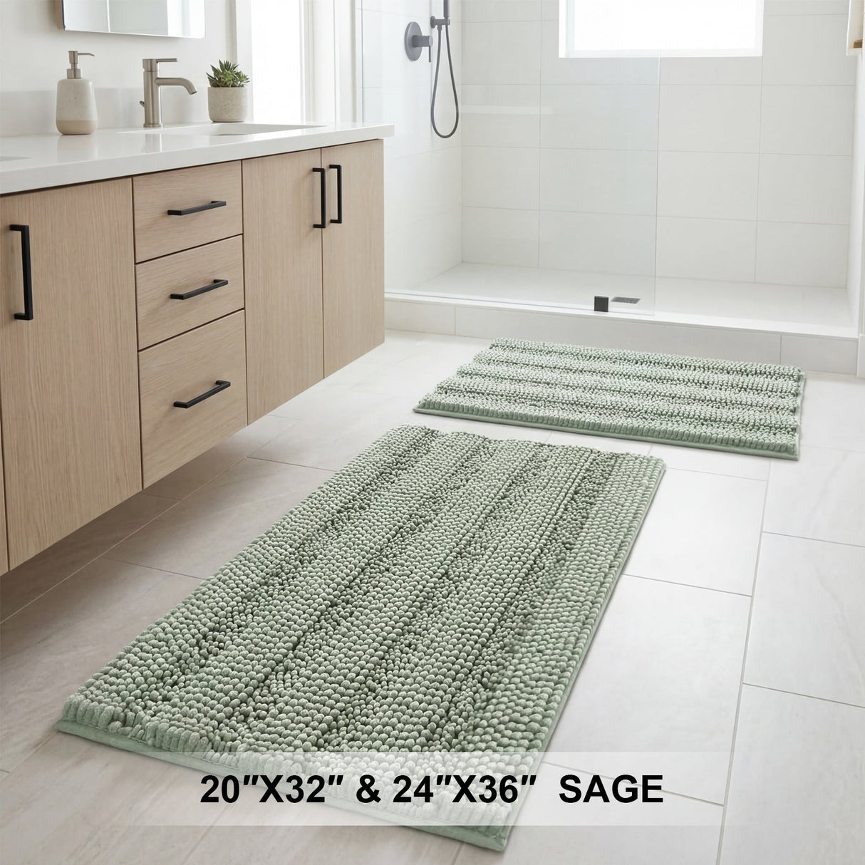 H.Versailtex 2 Pieces  Extra Thick Chenille Striped Pattern Shaggy Bath Rugs Include 1 Rectangle and 1 Toilet Rug