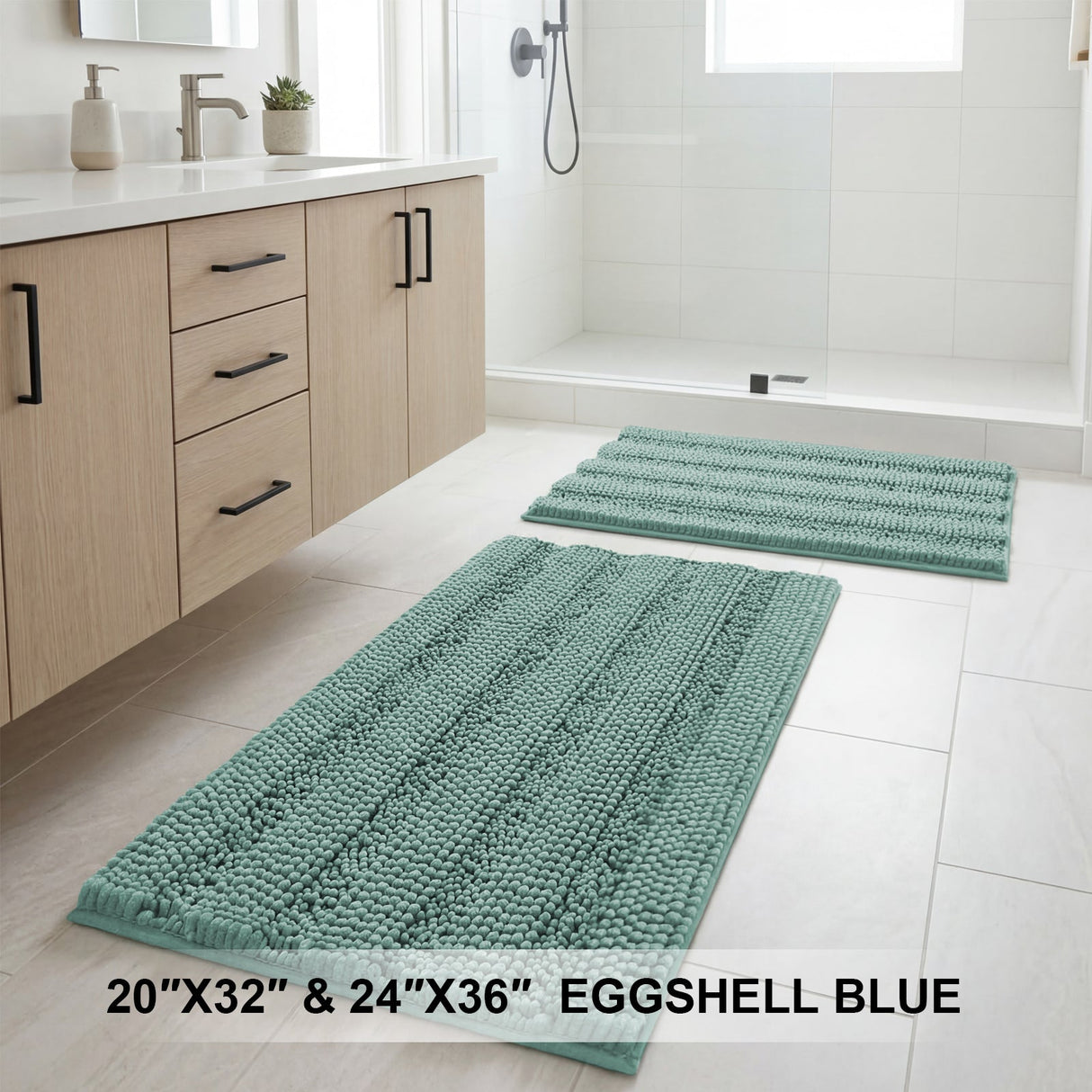 H.Versailtex 2 Pieces  Extra Thick Chenille Striped Pattern Shaggy Bath Rugs Include 1 Rectangle and 1 Toilet Rug