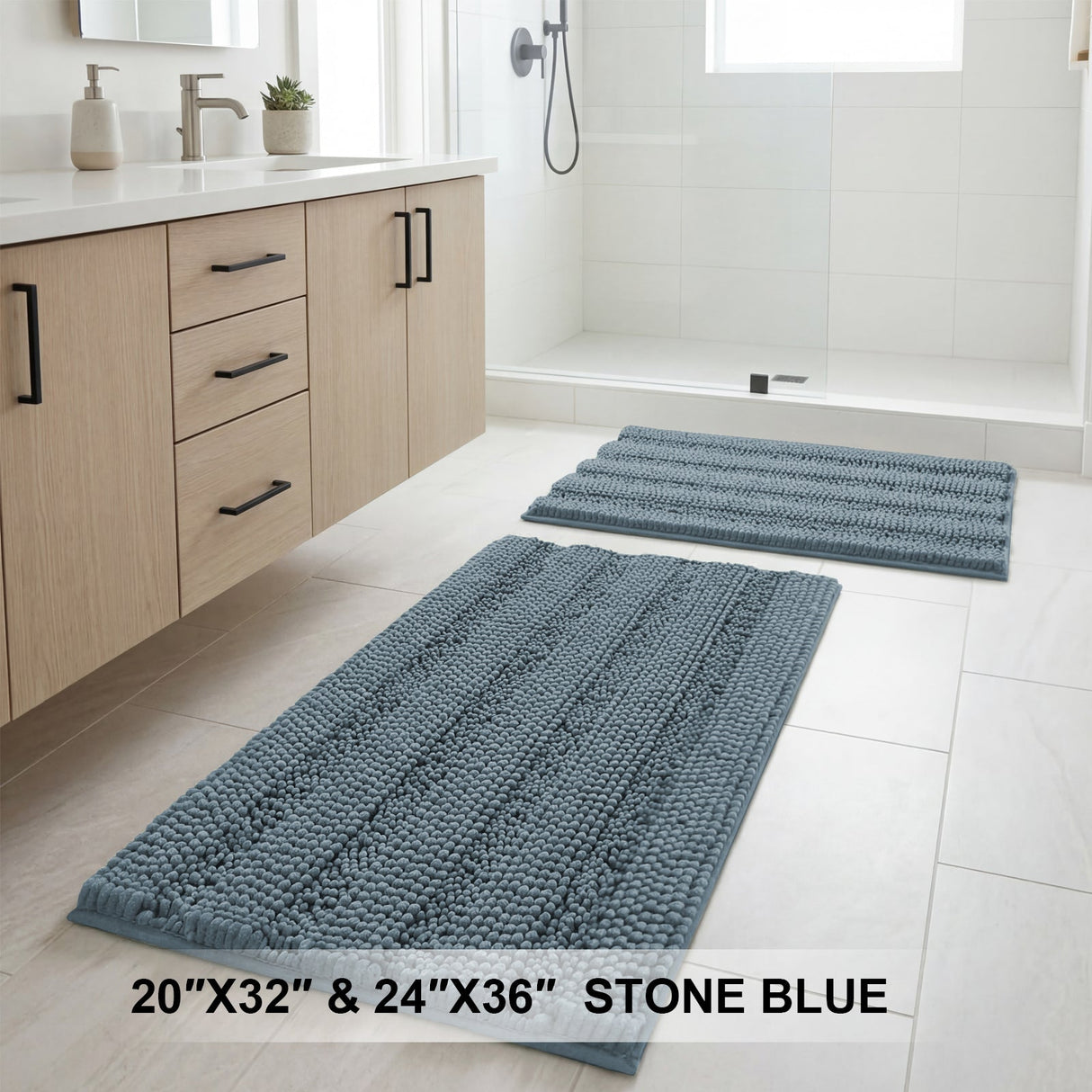 H.Versailtex 2 Pieces  Extra Thick Chenille Striped Pattern Shaggy Bath Rugs Include 1 Rectangle and 1 Toilet Rug