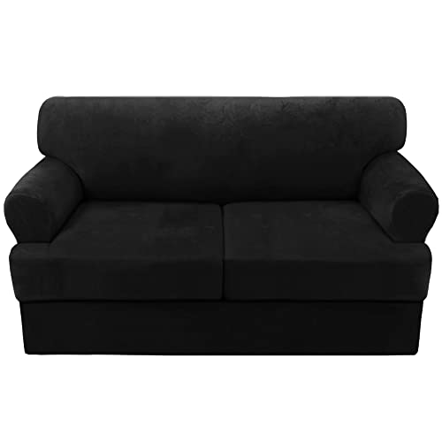 PrimeBeau Sofa Cover 3 Pieces T Cushion Loveseat Slipcovers Thick Velvet Couch Cover Furniture Protector Stretch T Cushion Sofa Covers for 2 Cushion Couch with 2 T Cushion Covers Washable
