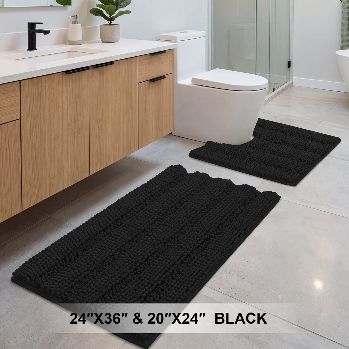 H.Versailtex 2 Pieces Extra Thick Chenille Striped Pattern Shaggy Bath Rugs Include 1 Rectangle and 1 Toilet Rug