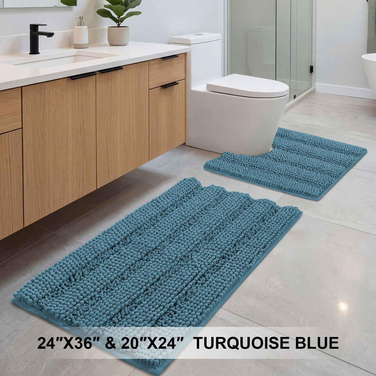 H.Versailtex 2 Pieces Extra Thick Chenille Striped Pattern Shaggy Bath Rugs Include 1 Rectangle and 1 Toilet Rug