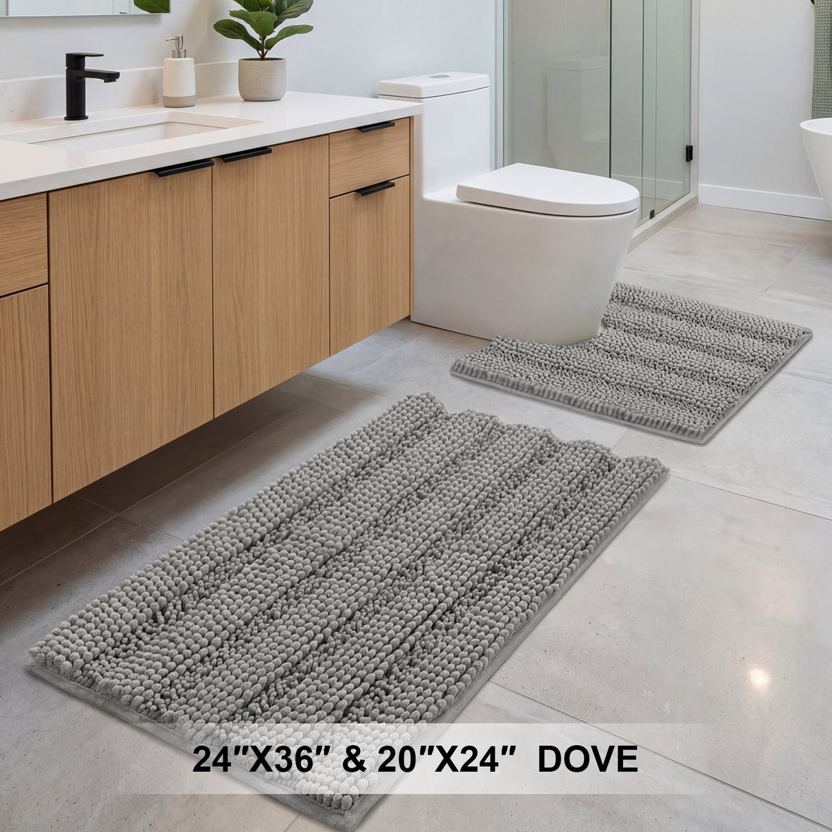 H.Versailtex 2 Pieces Extra Thick Chenille Striped Pattern Shaggy Bath Rugs Include 1 Rectangle and 1 Toilet Rug