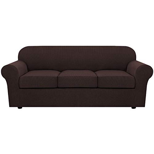 H.VERSAILTEX 4 Piece Stretch Sofa Covers for 3 Cushion Couch Covers for Living Room Furniture Slipcovers (Base Cover Plus 3 Seat Cushion Covers) Upgraded Thicker Jacquard Fabric (Sofa, Chocolate)
