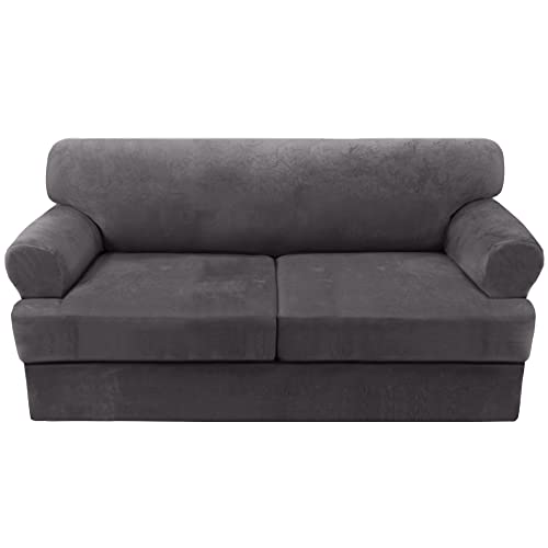 PrimeBeau Sofa Cover 3 Pieces T Cushion Loveseat Slipcovers Thick Velvet Couch Cover Furniture Protector Stretch T Cushion Sofa Covers for 2 Cushion Couch with 2 T Cushion Covers Washable