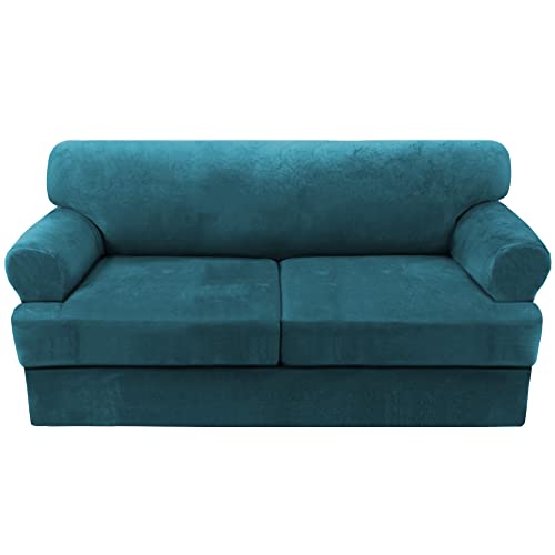 PrimeBeau Sofa Cover 3 Pieces T Cushion Loveseat Slipcovers Thick Velvet Couch Cover Furniture Protector Stretch T Cushion Sofa Covers for 2 Cushion Couch with 2 T Cushion Covers Washable