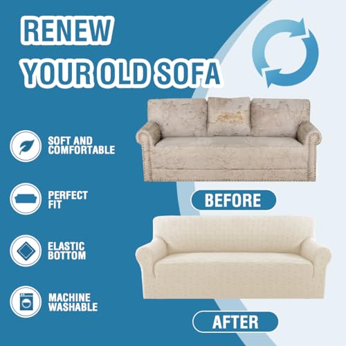 H.VERSAILTEX 2024 Newest Jacquard Couch Covers for 3 Cushion Couch 1 Piece Stretch Sofa Covers Furniture Protector Anti-Slip Soft Thickened Dogs Slipcovers Washable Diamond Pattern(Sofa, Ivory)