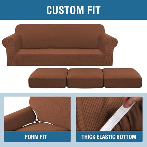 H.VERSAILTEX 4 Piece Stretch Sofa Covers for 3 Cushion Couch Covers for Living Room Furniture Slipcovers (Base Cover Plus 3 Seat Cushion Covers) Upgraded Thicker Jacquard Fabric (XL Sofa, Caramel)