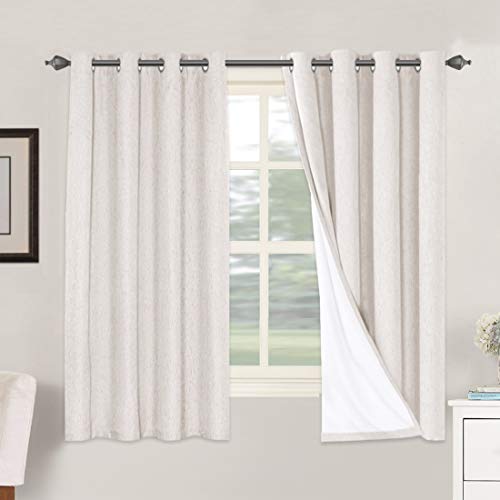 H.VERSAILTEX Linen Blackout Curtains 63 Inches Long 100% Absolutely Blackout Thermal Insulated Textured Linen Look Curtain Draperies Anti-Rust Grommet, Energy Saving with White Liner, 2 Panels, Ivory