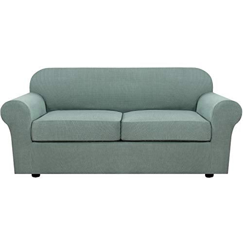 H.VERSAILTEX 3 Piece Stretch Sofa Covers for 2 Cushion Sofa Couch Covers for Living Room Sofa Slipcovers (Base Cover Plus 2 Seat Cushion Covers) Thicker Jacquard Fabric(Large Sofa, Sage)