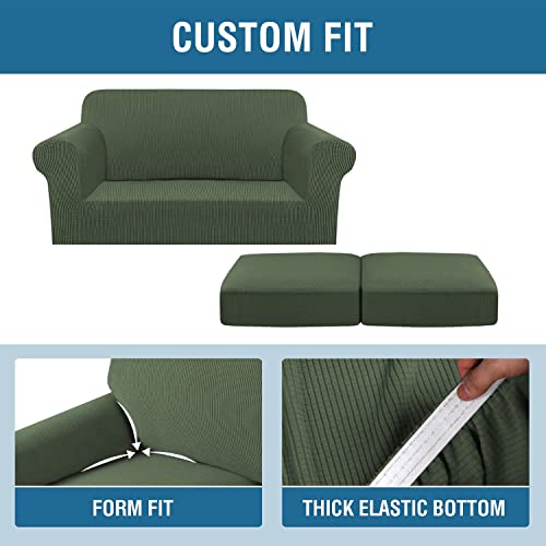 H.VERSAILTEX 3 Piece Stretch Sofa Covers for 2 Cushion Loveseat Couch Covers for Living Room Furniture Cover (Base Cover Plus 2 Seat Cushion Covers) Thicker Jacquard Fabric(Medium, Bronze Green)