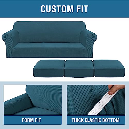 H.VERSAILTEX 4 Piece Stretch Sofa Covers for 3 Cushion Couch Covers for Living Room Furniture Slipcovers (Base Cover Plus 3 Seat Cushion Covers) Upgraded Thicker Jacquard Fabric (Sofa, Deep Teal)