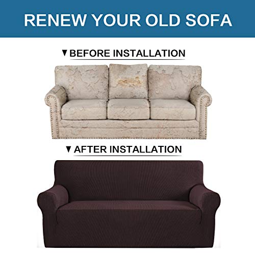 PrimeBeau 1 Piece Slipcovers for 3 Cushion Couch Soft Sofa Covers Washable Feature Thick Checked Jacquard Fabric with Elastic Bottom