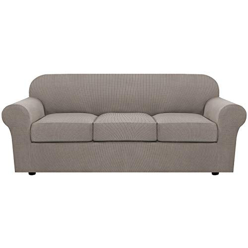 H.VERSAILTEX 4 Piece Stretch Sofa Covers for 3 Cushion Couch Covers for Living Room Furniture Slipcovers (Base Cover Plus 3 Seat Cushion Covers) Upgraded Thicker Jacquard Fabric (Sofa, Taupe)