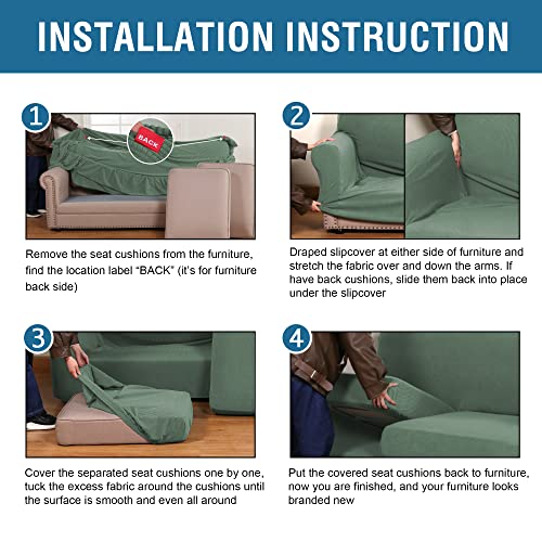 H.VERSAILTEX 3 Piece Stretch Sofa Covers for 2 Cushion Loveseat Couch Covers for Living Room Sofa Slipcovers (Base Cover Plus 2 Seat Cushion Covers) Thicker Jacquard Fabric(Medium, Loden Frost)