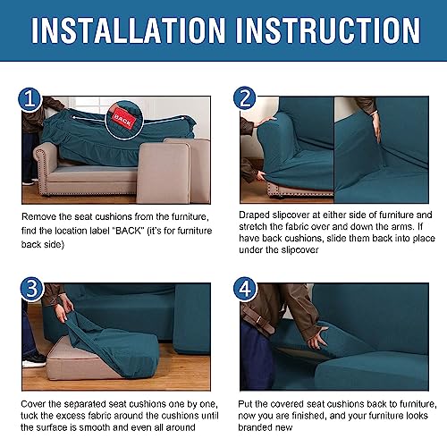 H.VERSAILTEX 4 Piece Stretch Sofa Covers for 3 Cushion Couch Covers for Living Room Furniture Slipcovers (Base Cover Plus 3 Seat Cushion Covers) Upgraded Thicker Jacquard Fabric (Sofa, Deep Teal)