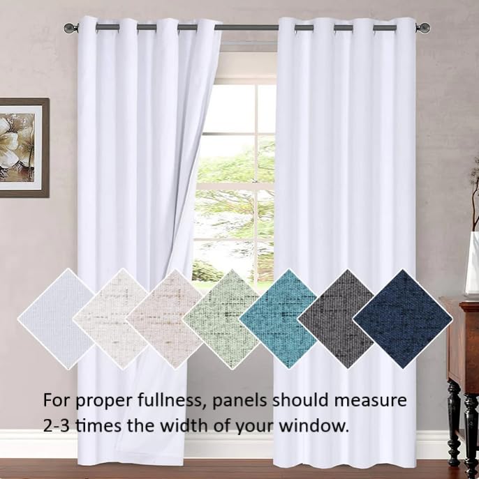 Linen Blackout Curtains 84 Inches Long 100% Absolutely Blackout Thermal Insulated Textured Linen Look Curtain Draperies Anti-Rust Grommet, Energy Saving with White Liner, 2 Panels, Bright White