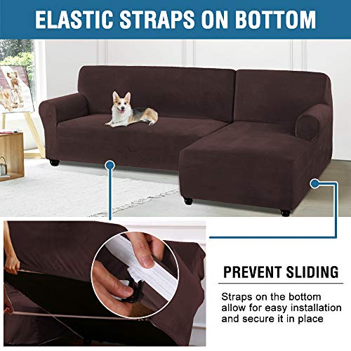 PrimeBeau 2 Pieces L-Shaped Rich Velvet Stretch Sofa Covers Anti-Slip Sectional Slipcovers with Straps Bottom Luxury Thick Velvet Corner Sofa Cover