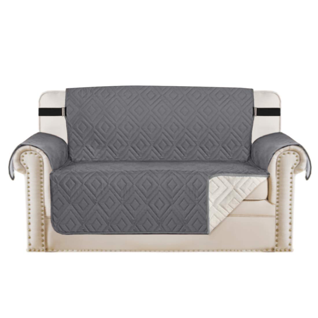 PrimeBeau Reversible Loveseat Cover Furniture Protector Anti-Slip Water Resistant 2 Inch Wide Elastic Straps Couch Covers