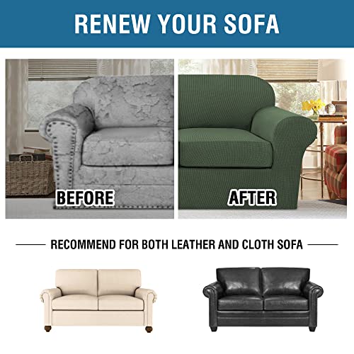 H.VERSAILTEX 3 Piece Stretch Sofa Covers for 2 Cushion Loveseat Couch Covers for Living Room Furniture Cover (Base Cover Plus 2 Seat Cushion Covers) Thicker Jacquard Fabric(Medium, Bronze Green)