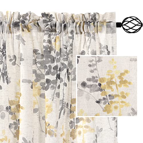 PrimeBeau Linen Sheer Rod Pocket Curtains Vintage Floral Printing, 2 Panels