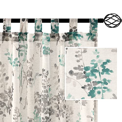 PrimeBeau Linen Sheer Tab Top Curtains Vintage Floral Print, 2 Panels