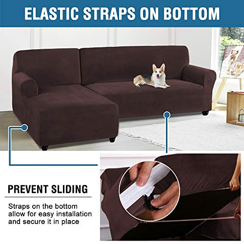 PrimeBeau 2 Pieces L-Shaped Rich Velvet Stretch Sofa Covers Anti-Slip Sectional Slipcovers with Straps Bottom Luxury Thick Velvet Corner Sofa Cover