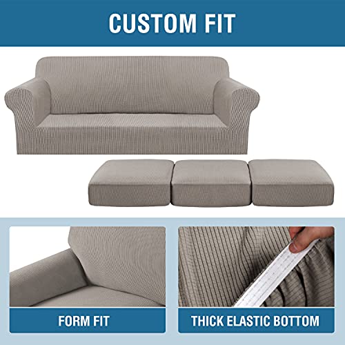 H.VERSAILTEX 4 Piece Stretch Sofa Covers for 3 Cushion Couch Covers for Living Room Furniture Slipcovers (Base Cover Plus 3 Seat Cushion Covers) Upgraded Thicker Jacquard Fabric (Sofa, Taupe)