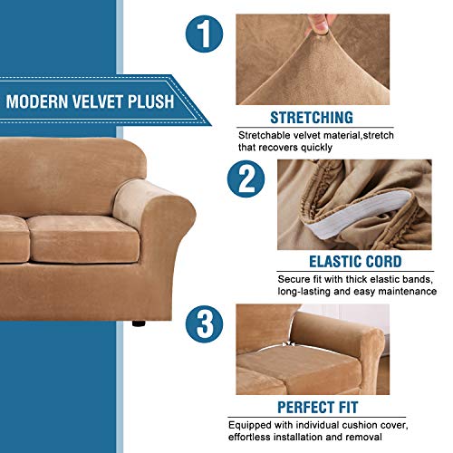 PrimeBeau Velvet 4 Piece High Stretch Sofa Slipcover Sofa Cover Furniture Protector Form Fit Thick Velvet Extra Large Sofa Cover for 3 Cushion Couch Covers