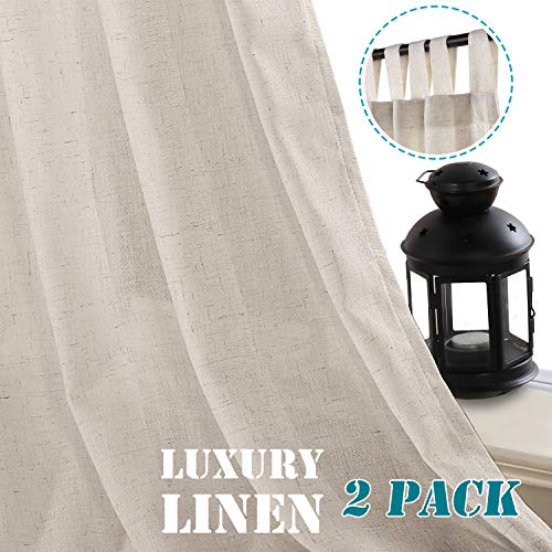 PrimeBeau Natural Linen Mix Tab Top Curtains, Light Filtering Panels (Set of 2)