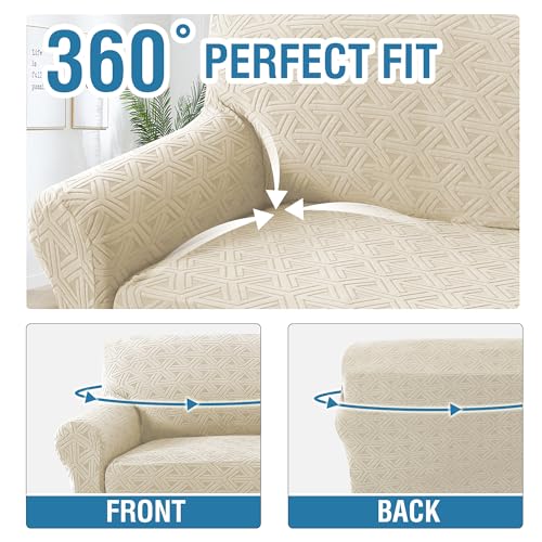 H.VERSAILTEX 2024 Newest Jacquard Couch Covers for 3 Cushion Couch 1 Piece Stretch Sofa Covers Furniture Protector Anti-Slip Soft Thickened Dogs Slipcovers Washable Diamond Pattern(Sofa, Ivory)