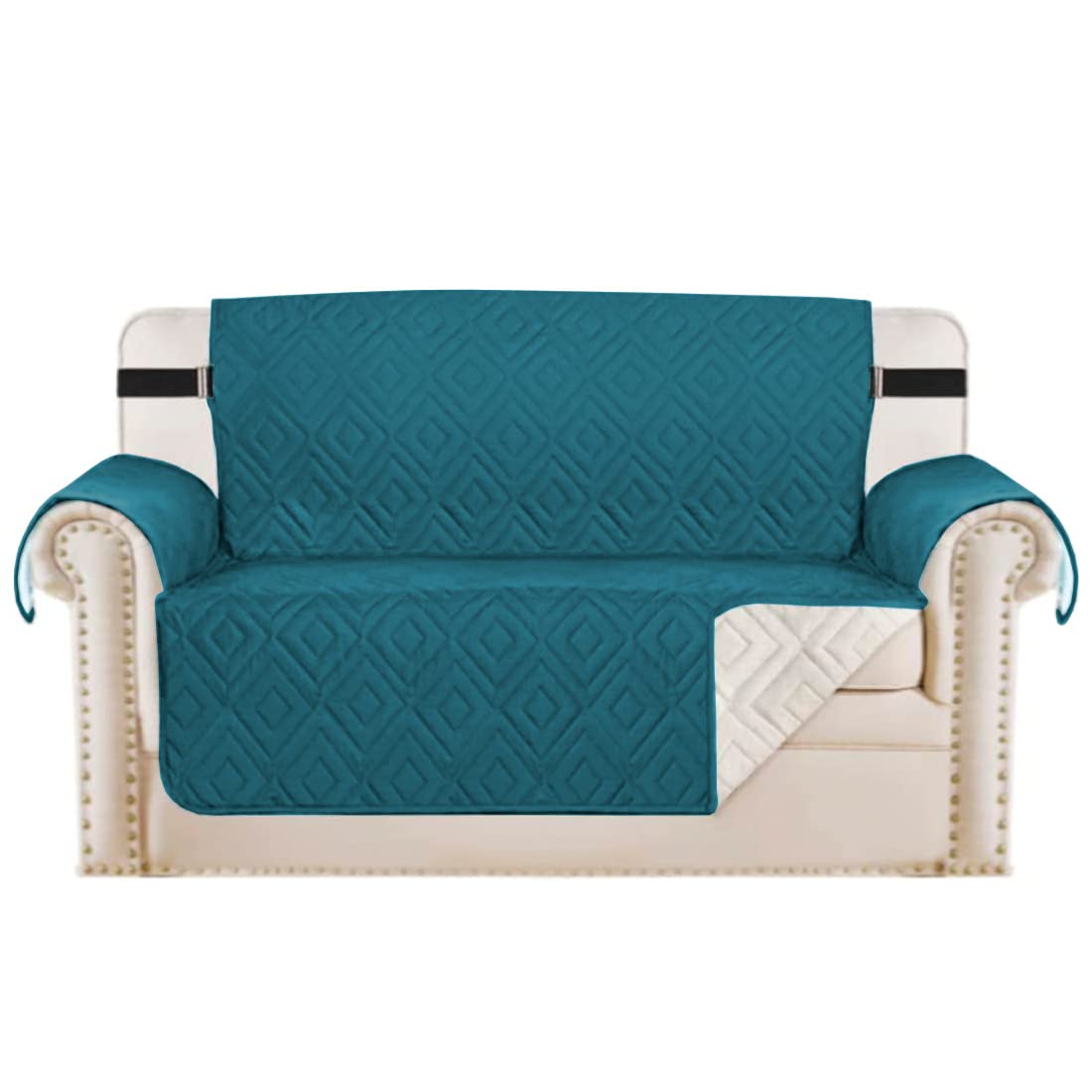 PrimeBeau Reversible Loveseat Cover Furniture Protector Anti-Slip Water Resistant 2 Inch Wide Elastic Straps Couch Covers