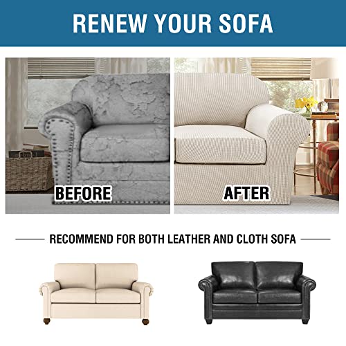 H.VERSAILTEX 3 Piece Stretch Sofa Covers for 2 Cushion Loveseat Couch Covers for Living Room Furniture Cover (Base Cover Plus 2 Seat Cushion Covers) Thicker Jacquard Fabric(Medium, Island Fossi)
