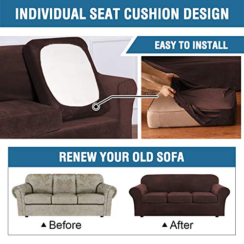 PrimeBeau Velvet 4 Piece High Stretch Sofa Slipcover Sofa Cover Furniture Protector Form Fit Thick Velvet Extra Large Sofa Cover for 3 Cushion Couch Covers