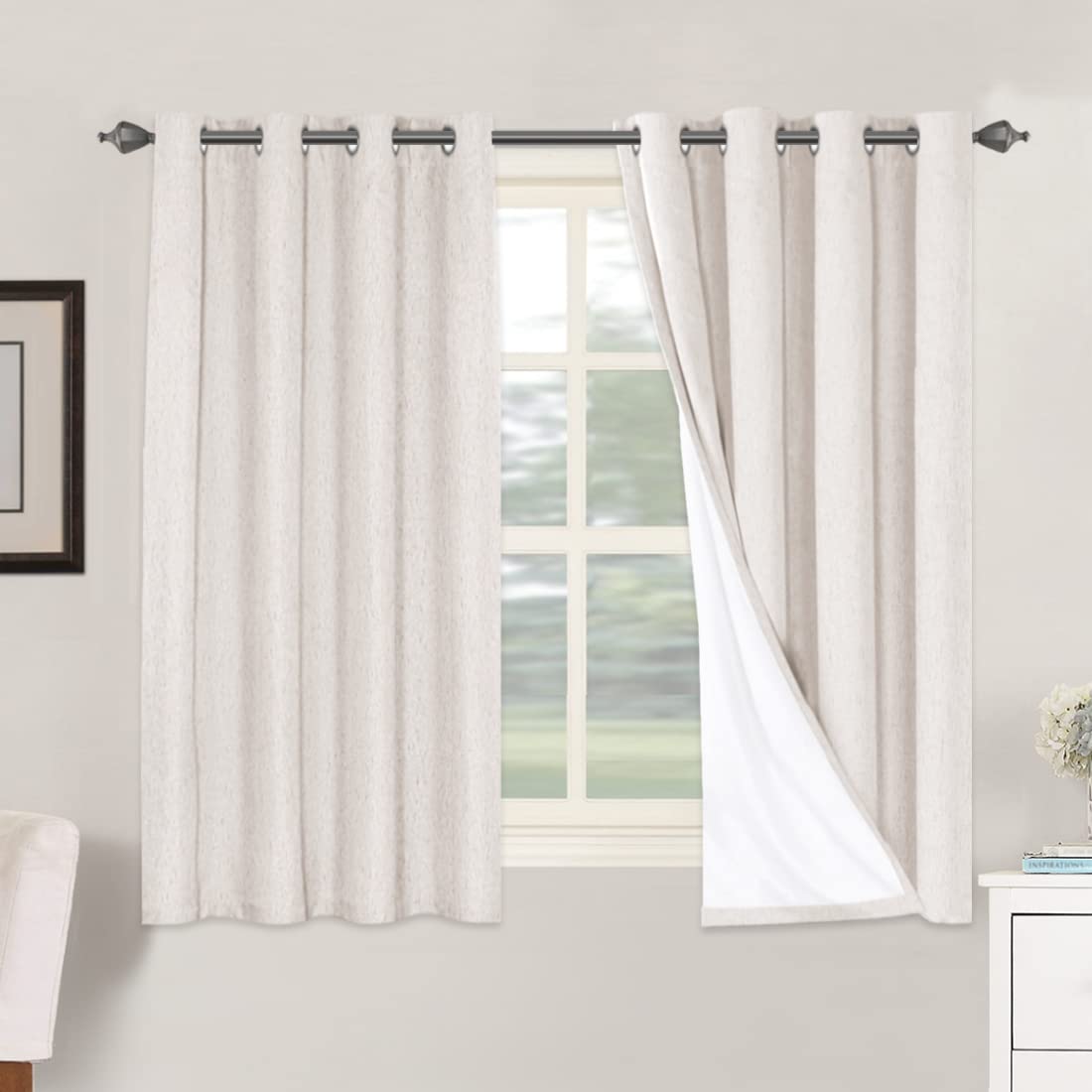 PrimeBeau 100% Blackout Linen Mixed Curtains, set of 2 Panels, 52 Series Short