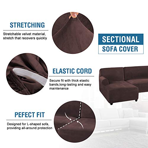 PrimeBeau 2 Pieces L-Shaped Rich Velvet Stretch Sofa Covers Anti-Slip Sectional Slipcovers with Straps Bottom Luxury Thick Velvet Corner Sofa Cover