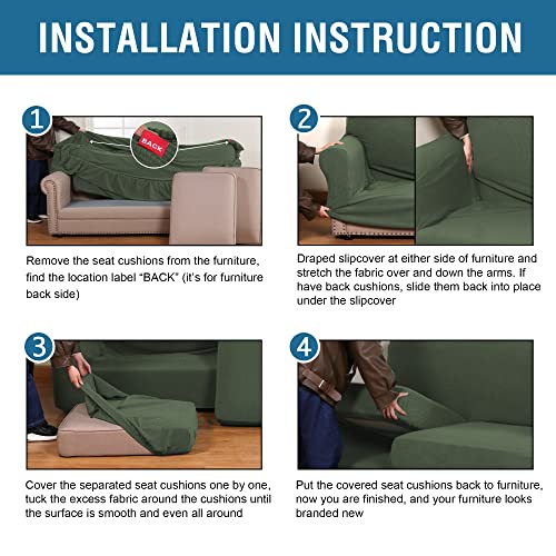 H.VERSAILTEX 3 Piece Stretch Sofa Covers for 2 Cushion Loveseat Couch Covers for Living Room Furniture Cover (Base Cover Plus 2 Seat Cushion Covers) Thicker Jacquard Fabric(Medium, Bronze Green)