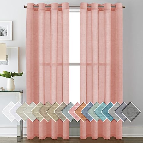 PrimeBeau Faux Linen Grommet Sheer Curtains - Set of 2 Panels 52 Series Long