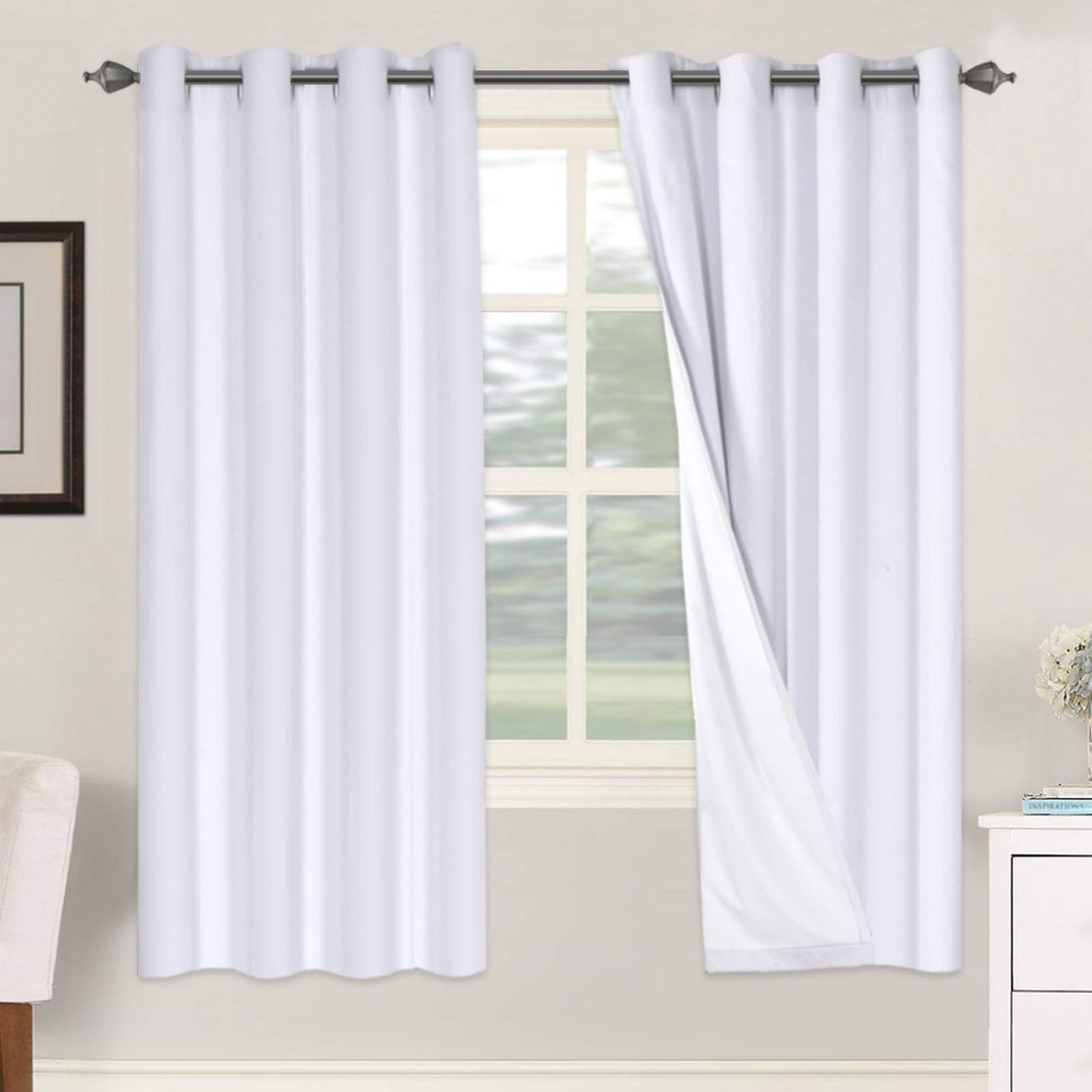 Linen Blackout Curtains 72 Inches Long 100% Absolutely Blackout Thermal Insulated Textured Linen Look Curtain Draperies Anti-Rust Grommet, Energy Saving with White Liner, 2 Panels, Bright White