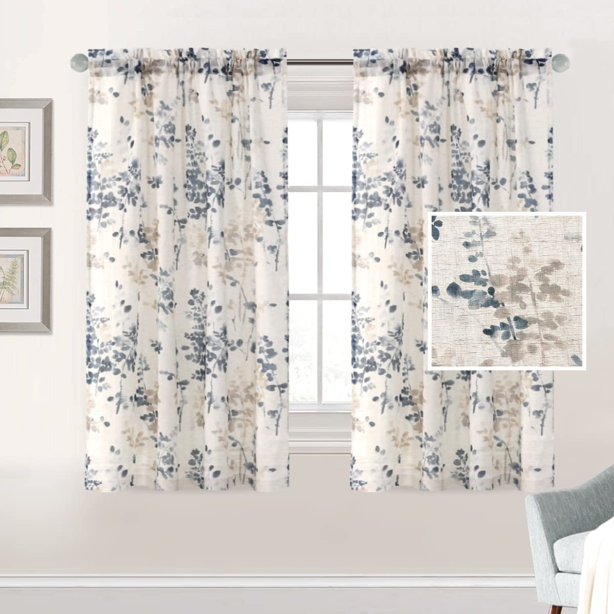 PrimeBeau Linen Sheer Rod Pocket Curtains Vintage Floral Printing, 2 Panels