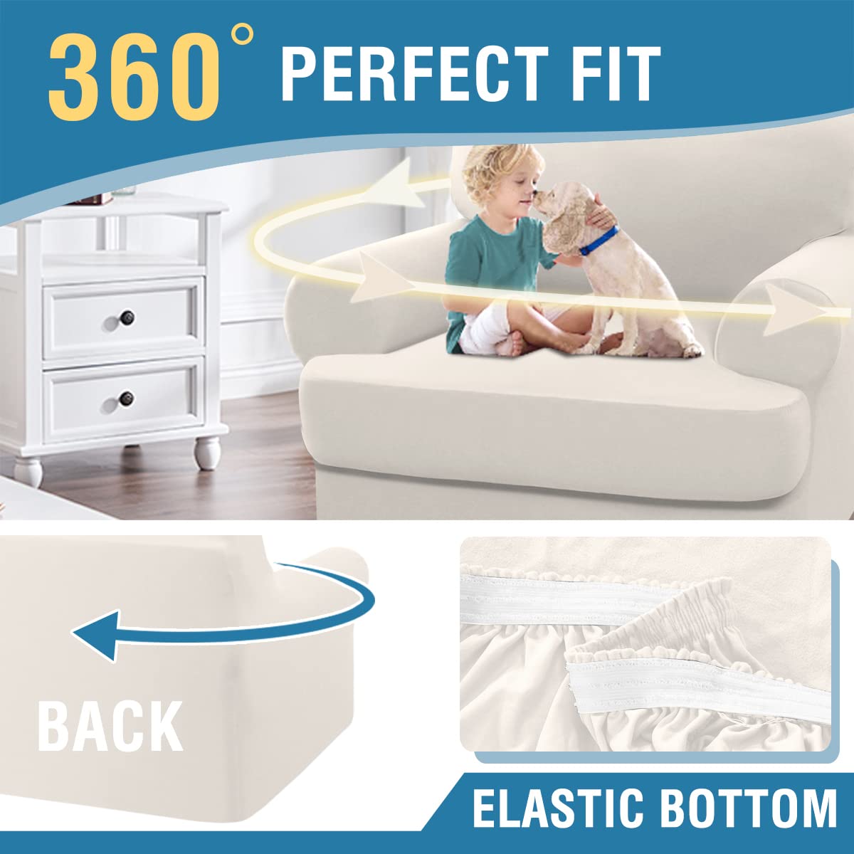 PrimeBeau 2 Pieces T Cushion Sofa Slipcovers Couch Cover for 1 Cushion Couch Non Slip Super Stretch Soft Washable Furniture Protector with 1 Individual T Cushion Cover